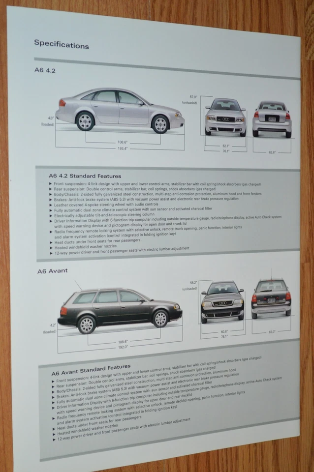 2000 AUDI A6 4.2 / AVANT SPECS ORIGINAL DEALER ADVERTISEMENT PRINT AD-00 - Image 1 of 1