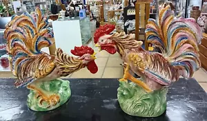 MUY RARO Par de gallos de pelea de porcelana mayólica italiana vintage - Imagen 1 de 11