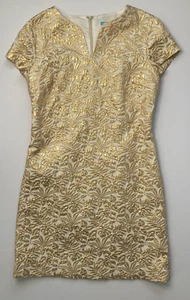 J. McLaughlin Ariana Dress 2 Champagne Metallic Palm Leaf Lined S/S Zip Tropical - Picture 1 of 14