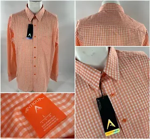 Antigua Long Sleeve Button Shirt L Orange Gingham Plaid Stretch NWT YGI J2-132 - Picture 1 of 11