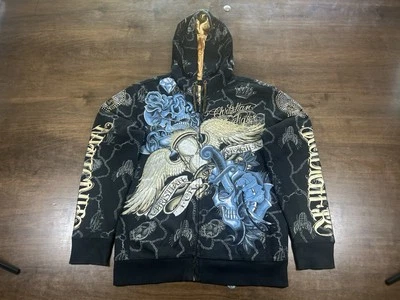 M Christian Audigier x Ed Hardy Skull AOP Zip Hoodie Black Panther Rhinestones Foto 1 de 4