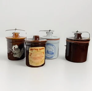 Vintage Set 4 glasierte Steinzeug Käse Butter Topf Verschluss Draht Bügel Deckel 4" - Bild 1 von 14