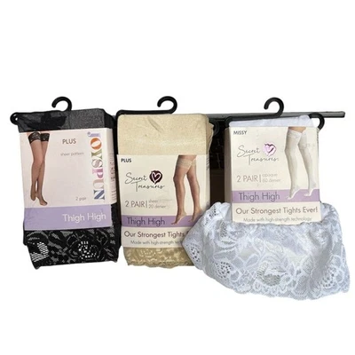 6 Pairs Secret Treasures Lace Thigh High Tights - Black Tan White Plus Missy - Image 1 of 2