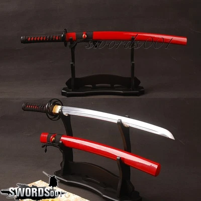 Hand Forged Sharp Japanese Wakizashi Sword Red Saya T10 Carbon Steel Blade - Image 1 of 4
