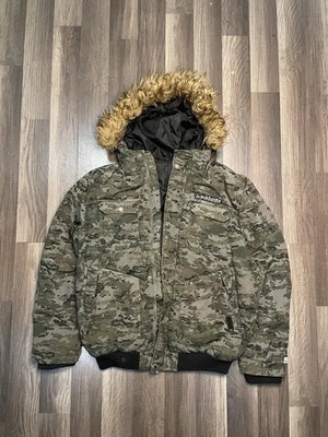 Y2K Ecko Unltd Men Puffer Jacket Hooded Fur Green Camo Full Zip Sz M - Image 1 of 4