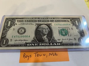 Boys Town, Neb.- Postleitzahl Schein 67010 Serie # 1 Dollar Schein E 6701000 - knusprig - Bild 1 von 2