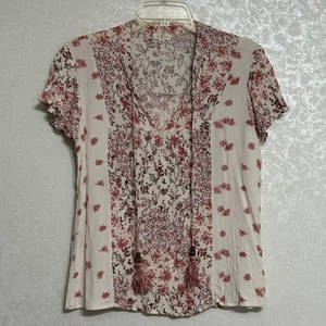 Mason & Belle Blumenmuster Tunika Top Kurzarm Bluse V-Ausschnitt Quasten Boho L - Bild 1 von 4
