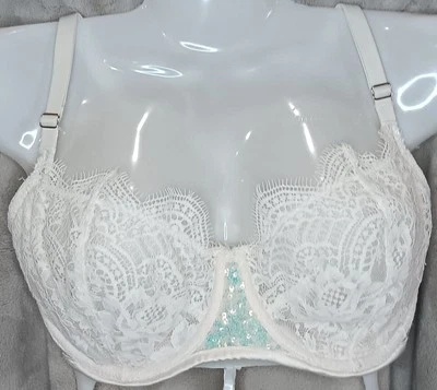 Victoria's Secret  White Lace Bra w/Blue Iridescent Sequin Detail (34D) - Image 1 of 4