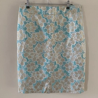 VIN Banana Republic Silk Blend Aquamarine Blue & Gold Skirt Metallic Accent 12 - Image 1 of 4