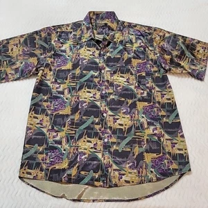 Flyasset Thai Silk Shirt Mens Size XL Abstract Pattern Short Sleeve Button Up - Picture 1 of 7