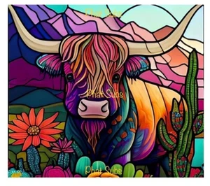 20oz Sublimation Tumbler Wrap Stained Highland Cow Ready To Press Transfer - Picture 1 of 1