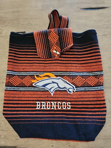 NFL Denver Broncos Drawstring Backpack in Mexican Blanket Material New No Tags Cover