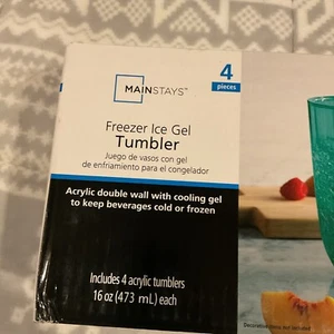 4 pc Mainstays Freezer Ice Gel Tumbler Double Wall Acrylic Cup 16 oz Green Hues - Picture 1 of 5