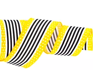 Schwarz weiß Streifen gelb kleine Punkte 2,5" mal 2 Yards Drahtband Biene Lagenlook Biene - Bild 1 von 2