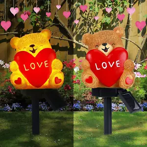 Solar Bear with Heart Garden Stake Lights Love Bear with Heart Outdoor Solar Lig - Picture 1 of 12