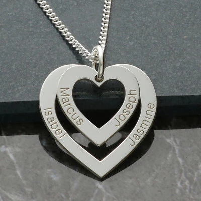 925 Solid Sterling Silver Personalised Double Heart Pendant Necklace & Chain - Image 1 of 3