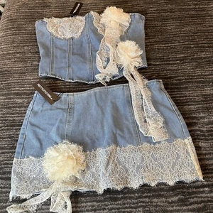 Denim Corset & Mini Skirt Set Womens 6 Bustier Top White Lace Pretty Little New - Picture 1 of 20