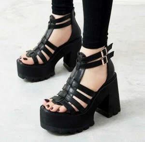 Womens Chunky Heels Platform Strap Buckle Open Toe Sandals Gladiator Punk Shoes - Picture 1 of 11