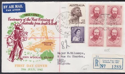 1962 4'3 Uprated 5d Stuart Crossing Block FDC 2'6 Aborigine Registered  Belgium - Image 1 of 4
