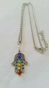 LP18010 .925 SILVER PLATED HANDMADE MULTI COLOR HAMSA HAND PENDANT NECKLACE - Picture 1 of 1