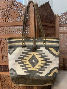 Myra Bag Brown Leather Aztec Bag Woven Cotton Suede BIG Tote Gold Tone Hardware - Picture 1 of 12