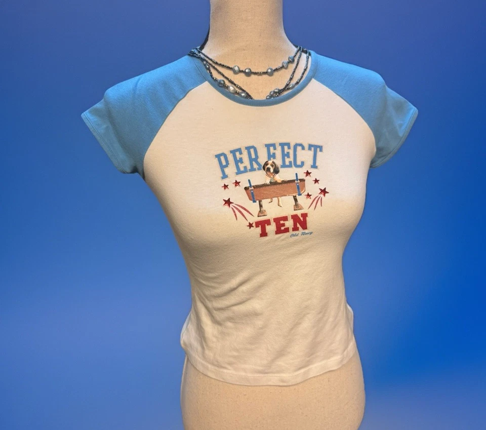 Y2K Old Navy Baby Tee Perfect Ten Dog Graphic Glitter Raglan Cap Sleeve Top S/M - Image 1 of 4
