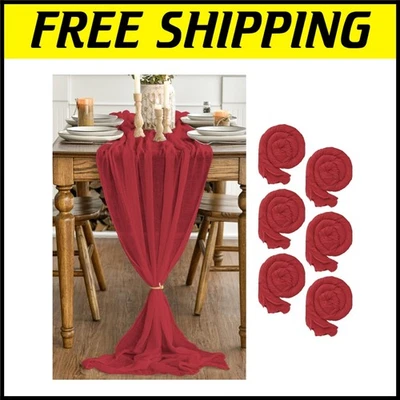 Chic Red Gauze Table Runner Set of 6 - 120 Inch - Effortless Cleaning & Elegance - Image 1 of 4