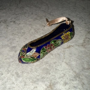 Vintage Cloisonne Ballett Slipper Schuh Figur Ornament blau Blumen Kolibri - Bild 1 von 9