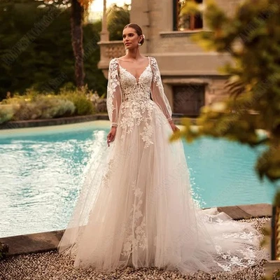 V Neck Tulle A Line Wedding Dress Lace Applique Backless Elegant Bride Gowns - Image 1 of 4