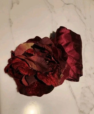 Cara Burgundy Satin Sash Belt with Flower Accent - Image 1 of 4