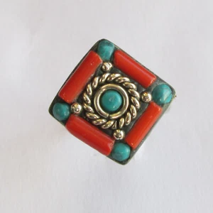 Anillo Tibetano Plata Turquesa Rojo Coral Joyería Original Ajustable Unisex R46 - Imagen 1 de 7