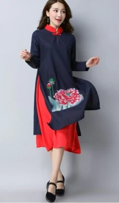 Vestido Flor Bordado Algodón Lino Étnico Tribal Retro Look Azul Marino En Capas Foto 1 de 4