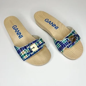 Sandalias retro GANNI x Dr. Scholl's zueco de madera con hebilla a cuadros azules NUEVO - Imagen 1 de 11