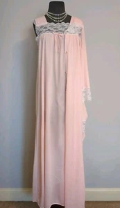 VTG Maxi Nightgown Robe Peignoir Set Long Nylon Shiny Lace Pink 38" 14 16 Large - Picture 1 of 20