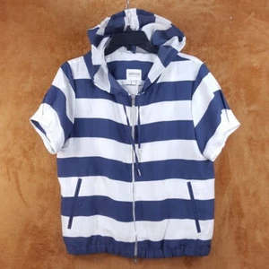 ARMANI COLLEZIONI Top Womens Size 10 Blue Stripe Zip Up Hooded Linen Blend - Picture 1 of 8
