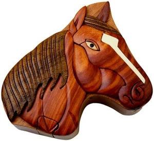 Horse Handcrafted Carved Intarsia Wood Puzzle Box Jewelry Trinket Box - Picture 1 of 3