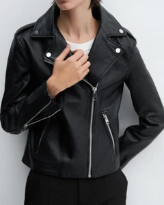 NWT MANGO MNG BLACK LEATHER BIKER MOTORCYCLE MOTO JACKET COAT SZ XS - Picture 1 of 12