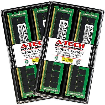 A-Tech 128GB 4x 32GB 2Rx4 PC4-25600R RDIMM DDR4 3200 ECC REG Server Memory RAM - Image 1 of 4