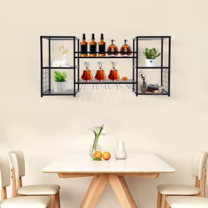 Wine Rack Wall-Mount Wine Glass Holder Bar Hanging Goblet Bottles Floating Shelf - Picture 1 of 12