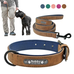 Soft Leather Personalized Dog Collar & Walking Leash Lead Adjustable Small/Large - Picture 1 of 25