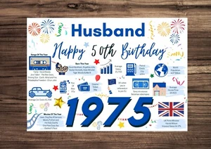 MARIDO Feliz 50 Cumpleaños 1973 Recuerdos/Datos del Año de Nacimiento Saludos Azul - Imagen 1 de 9