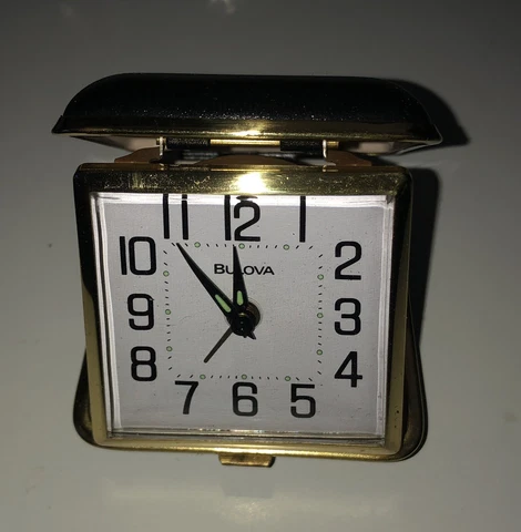 Bulova Travel Alarm Clock Wind Up Japan Black Square Pop Up Hard Case Glow Arms Cover