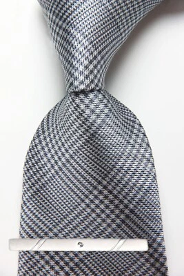 Classic Checks Plaids Gray White JACQUARD WOVEN 100% Silk Men's Necktie Tie - Image 1 of 4