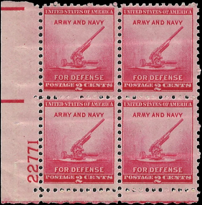 Scott # 900 - US Plate Block Of 4 -90 mm Gun  2 c Rose Carmine- MNH- 1940 - Image 1 of 1