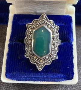 925 Sterling Silber Art Deco Ring echter grüner Onyx & Markasit Größe 7 - Bild 1 von 6
