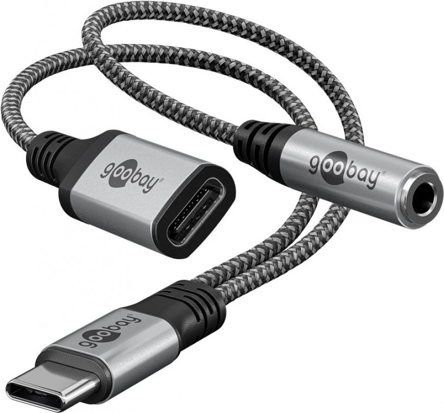 Adapter USB-C™ auf USB-C™ und Klinke, 3,5 mm AUX, Schwarz-Grau, 0,15 m - Bild 1 von 1