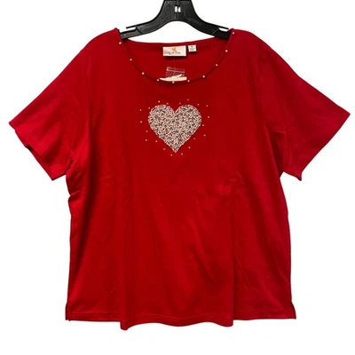 Quaker Factory Women Red Rhinestone Heart Embellished Beaded Tee Top 1X - Image 1 of 4