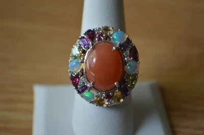 Anel de platina sobre prata fina 19,90 ct pedra da lua pêssego/multi pedras preciosas tamanho 6 - Imagem 1 de 4
