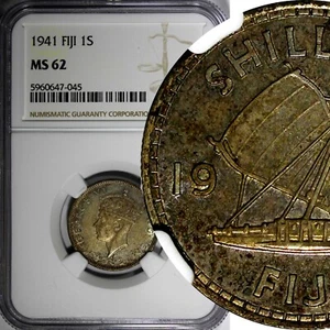 Fiji George VI Silver 1941 1 Shilling NGC MS62 Mint-40,000 Nice Toned KM# 12 (5) - Picture 1 of 4