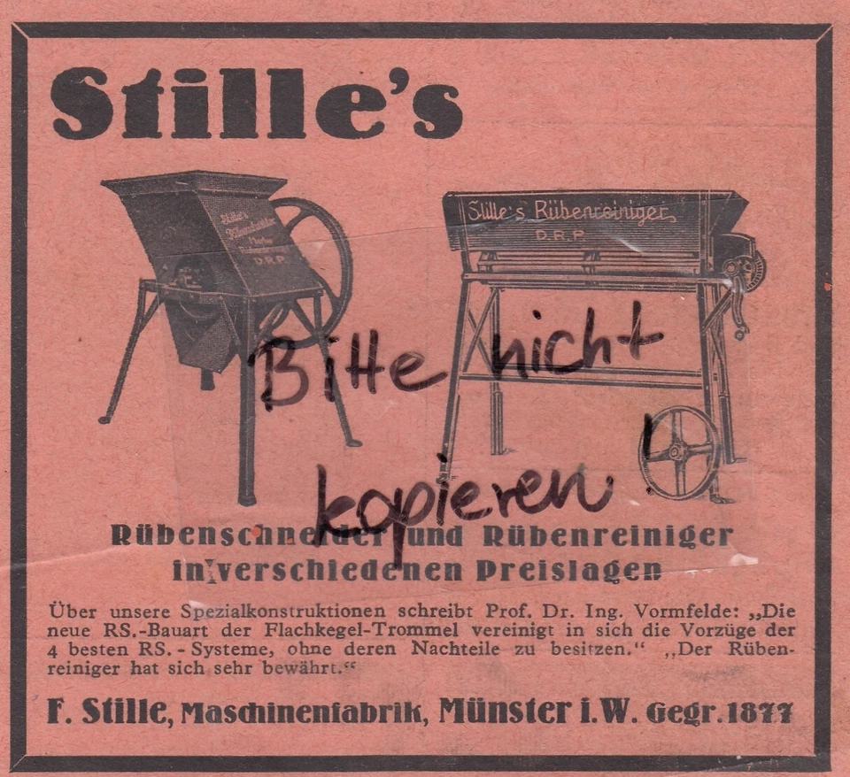 MÜNSTER, Werbung 1934, F. Stille Maschinen-Fabrik Rüben-Schneider-Reiniger - Bild 1 von 1